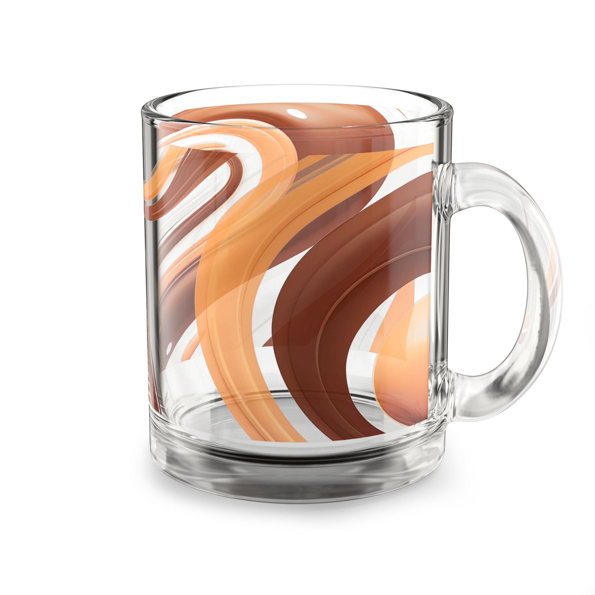 Amber Swirl Glass Mug — 10oz Retro Brown & Orange Abstract Coffee Cup