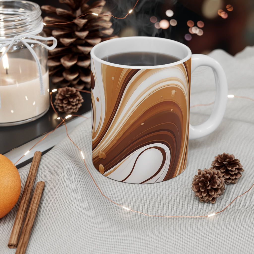 11oz Ceramic Mug — Swirling Chocolate Brown Marble Coffee Cup