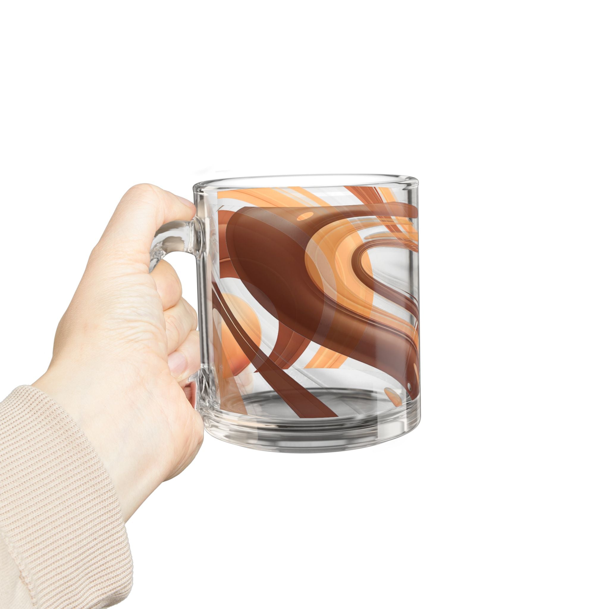 Amber Swirl Glass Mug — 10oz Retro Brown & Orange Abstract Coffee Cup