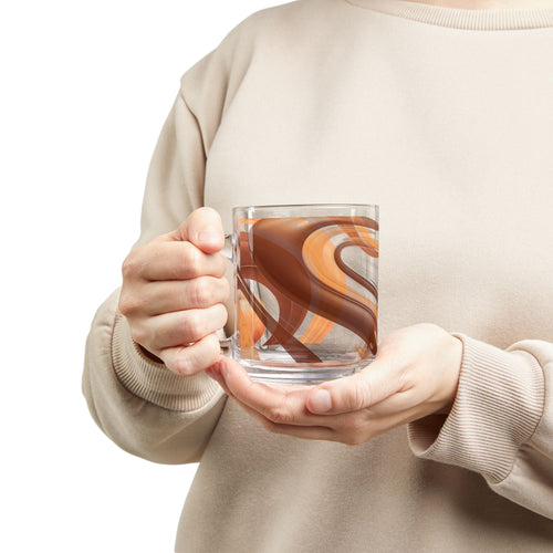 Amber Swirl Glass Mug — 10oz Retro Brown & Orange Abstract Coffee Cup