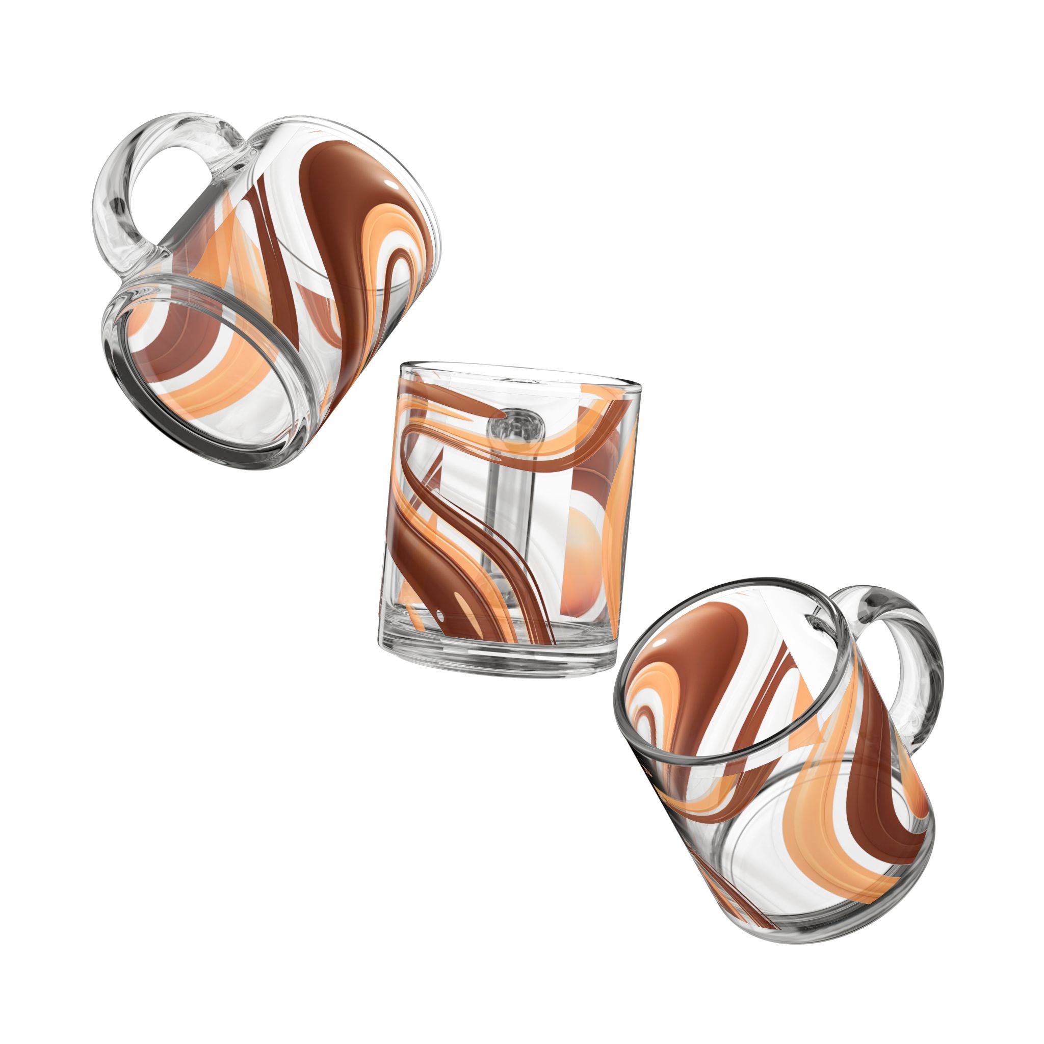 Amber Swirl Glass Mug — 10oz Retro Brown & Orange Abstract Coffee Cup