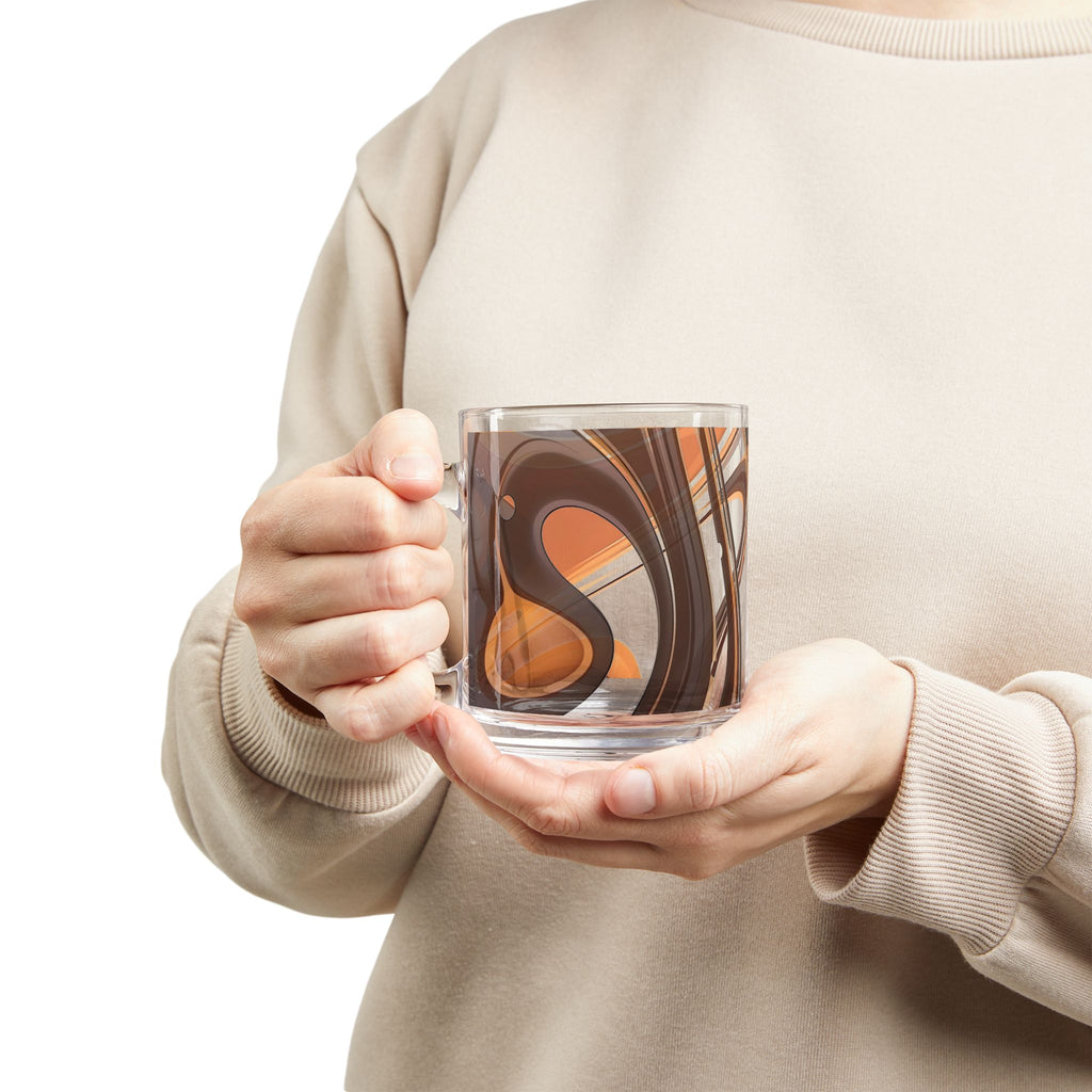 10oz Glass Mug — Abstract Brown & Orange Swirl Coffee Glass
